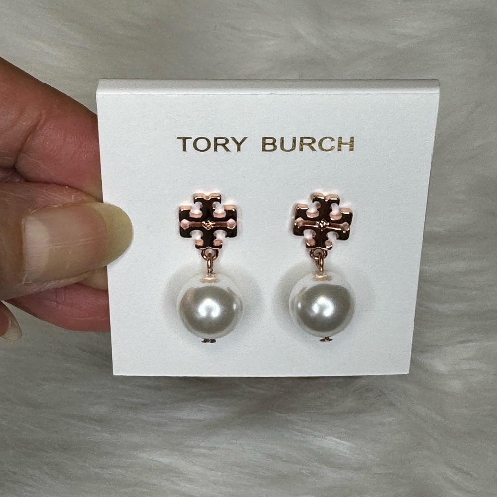 Tory Burch Pearl Drop Logo Earrings in Rose Gold